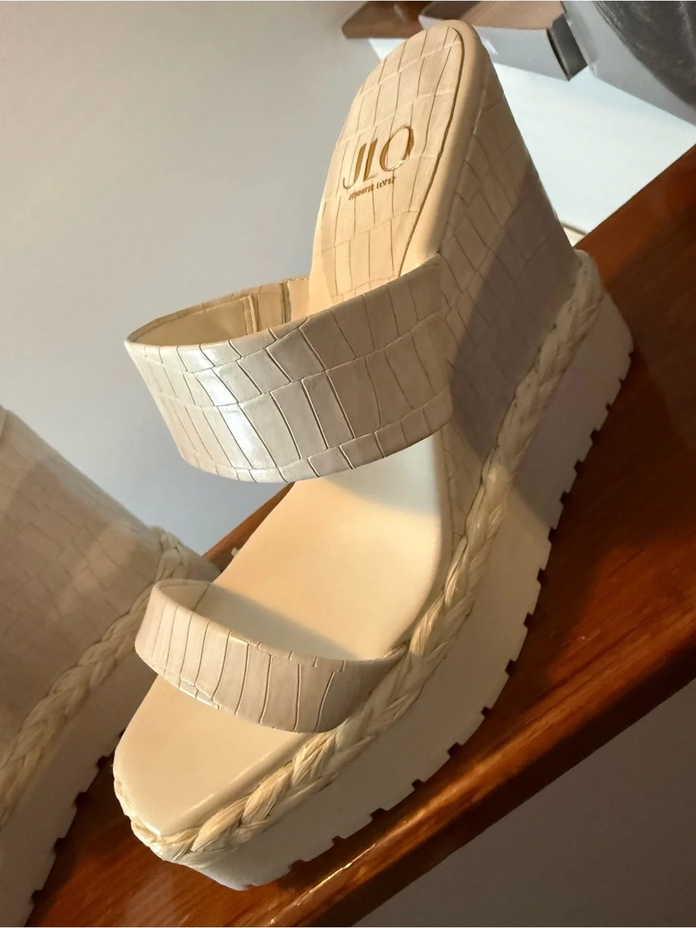 Jennifer Lopez Cream Croc-Embossed Platform Wedge Sandals